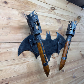 Hand Forged Gothic Double Wall Sconce, Medieval Bat Wing Wrought Iron Torch Light