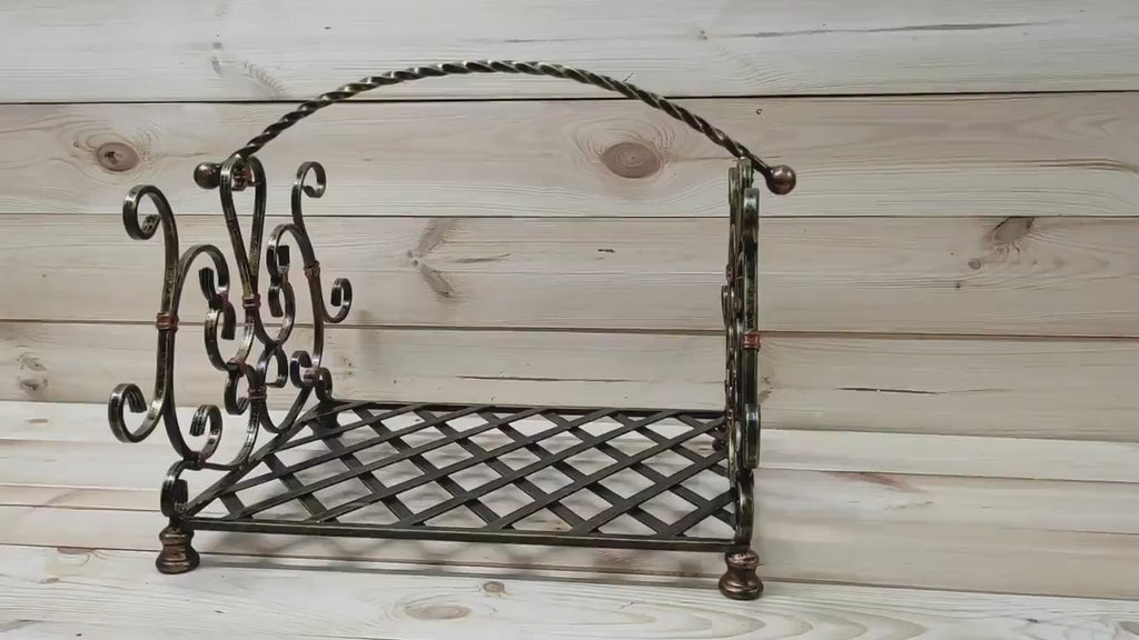 Hand Forged Wrought Iron Log Holder: Firewood Storage Basket