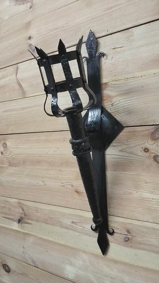 Metal wrought iron sconce, Large black wall lamp, Torch wall lamp, Medieval style light fixture