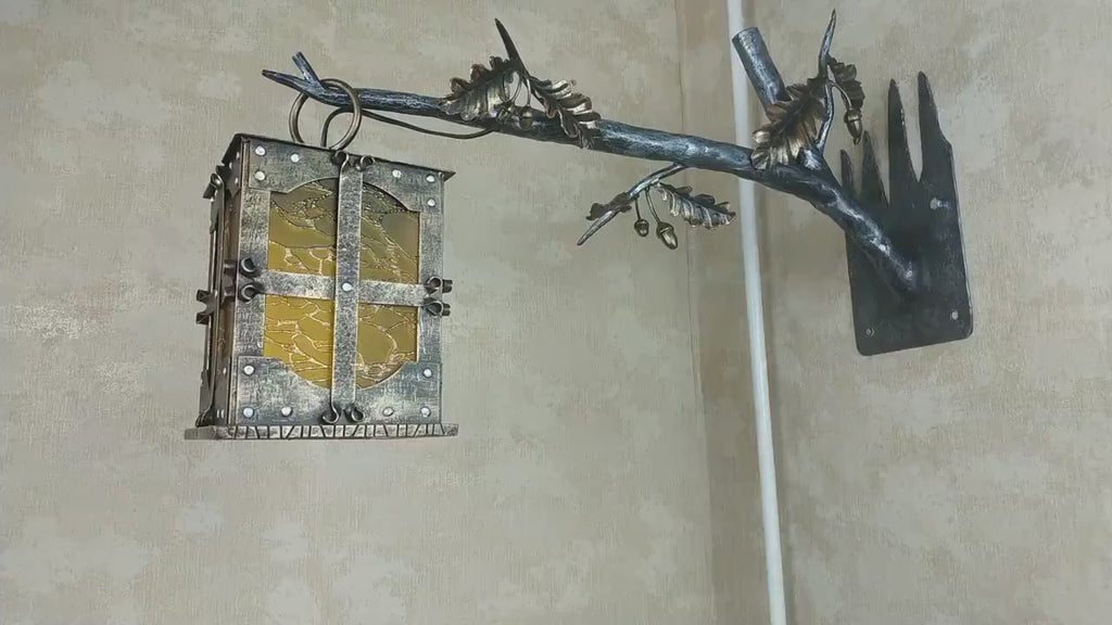 Hand Forged Wrought Iron Wall Lantern: Medieval Oak Branch Sconce