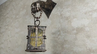 Wrought iron wall lamp on a metal knight's hand. Wall lantern, Ceiling lantern, Wrought iron sconces, lantern centerpiece, Medieval lantern