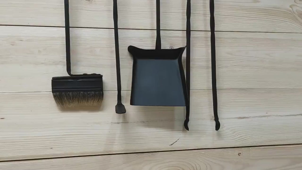 Hand Forged Fireplace Tool Set: Poker, Tongs, Shovel, Broom & Rack