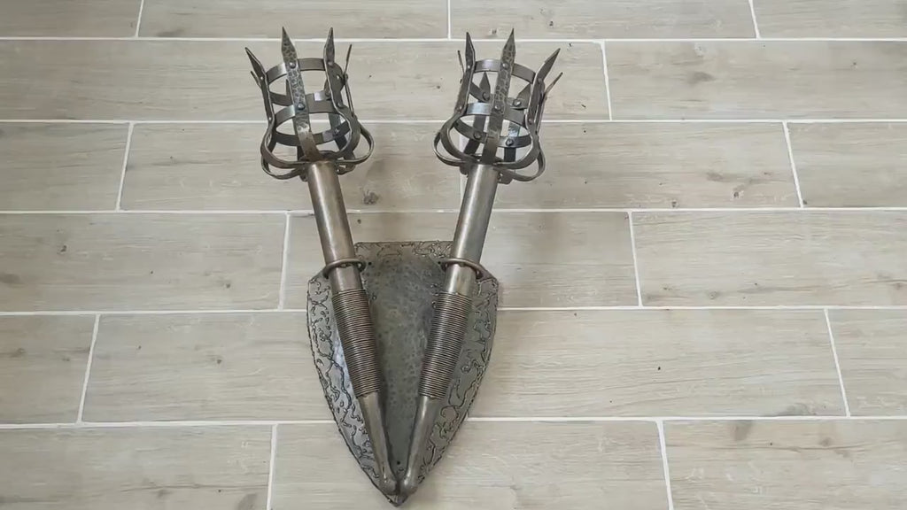 Wrought Iron Double Torch Wall Sconce: Medieval Viking Lantern