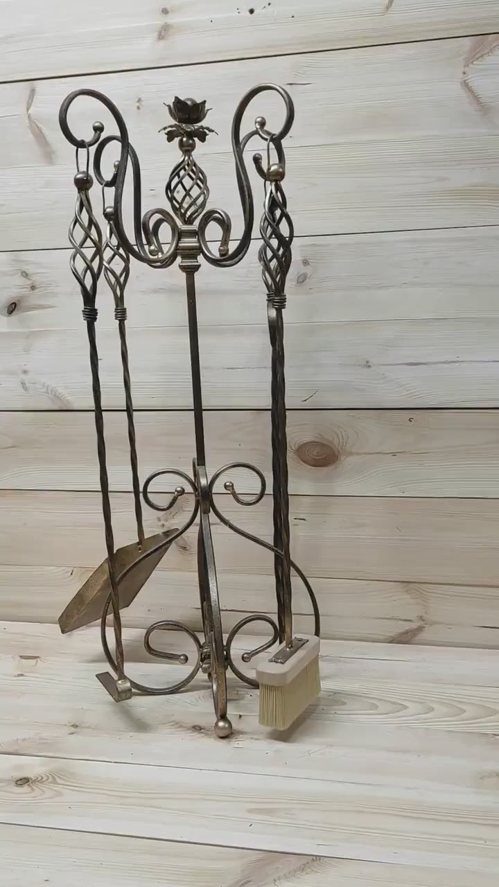 Hand Forged Fireplace Tools Set: Poker, Tongs, Shovel, Broom