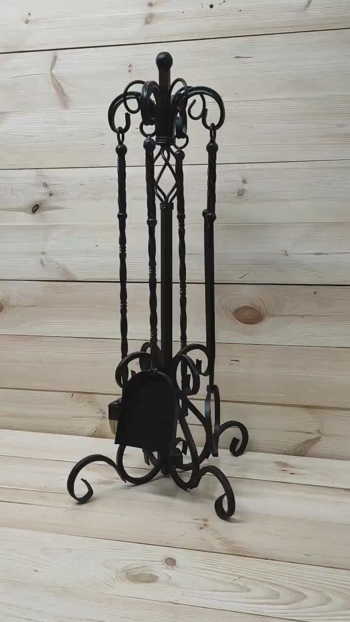 Hand Forged Fireplace Tools Set: Iron Fire Poker, Tongs, Shovel & Broom