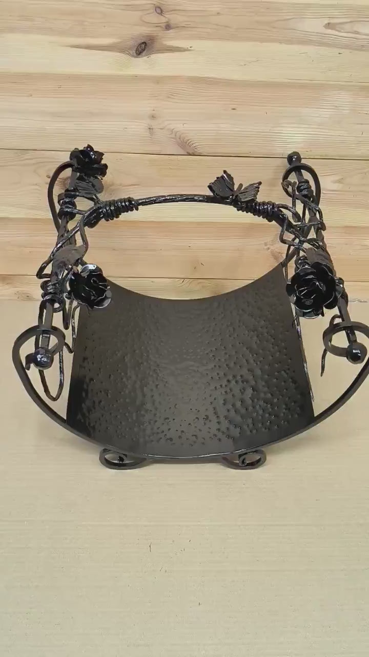 Hand Forged Wrought Iron Firewood Basket: Rose Accent Fireplace Storage