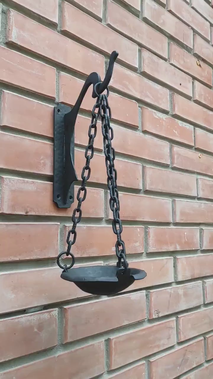 Hanging candlestick bowl on a chains, wrought iron candle holder, black matte candlestick