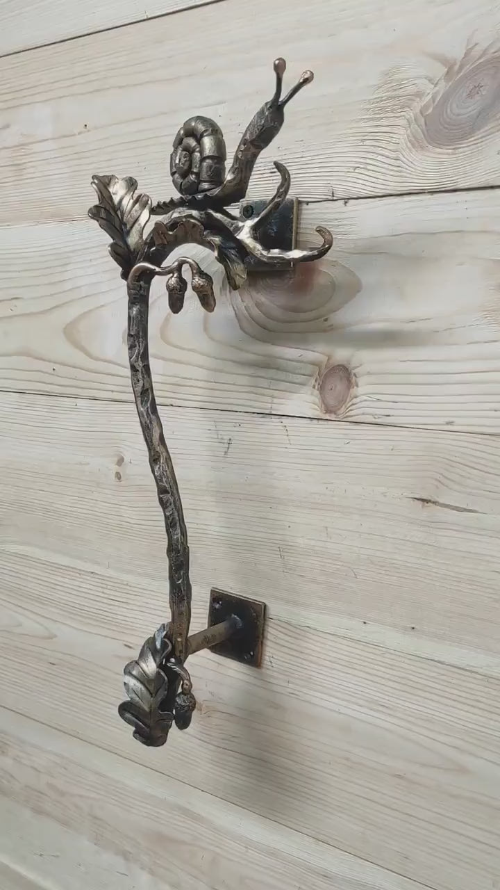 Hand Forged Wrought Iron Door Handle: Snail on Oak Branch