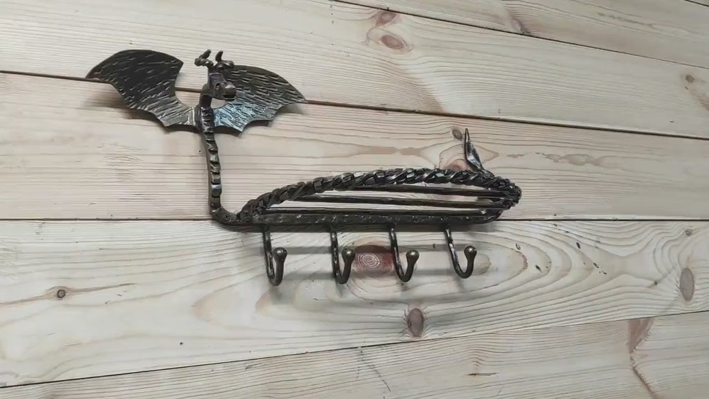 Handmade Dragon Forged Iron Coat Rack with Shelf & Hooks