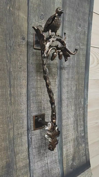 Hand Forged Wrought Iron Door Handle: Bird on oak branch