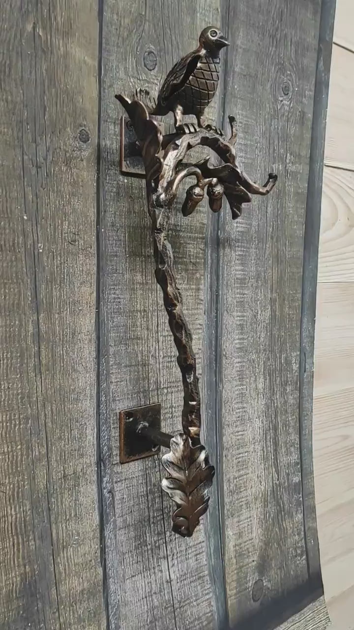 Hand Forged Wrought Iron Door Handle: Bird on oak branch