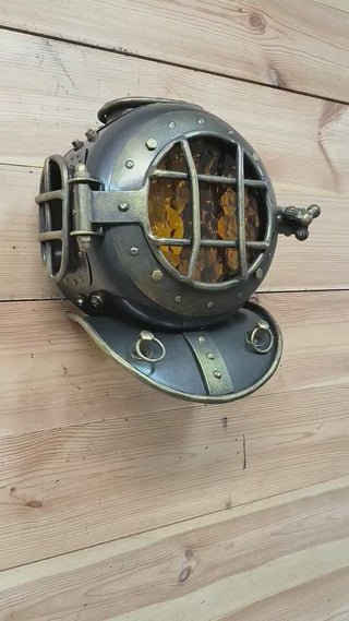 Diver's Helmet Wall Sconce with Amber color Glass, wall lamp, Gift Idea, Iron unique sconce, wall lighting