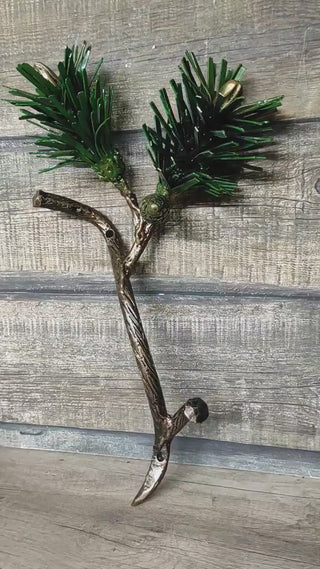 Hand Forged Pine Branch Door Handle: Rustic Metal Barn Door Pull