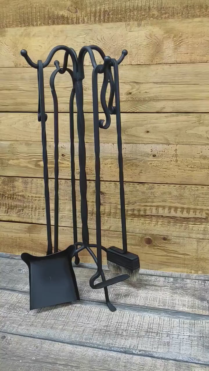 Forged fireplace tools set, fireplace poker, fireplace tongs, shovel, broom, floor stand, hand forged, fireplace gift