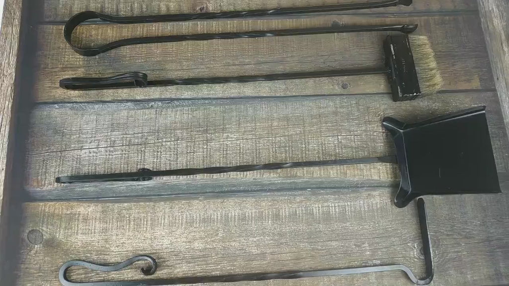 Hand Forged Fireplace Tools Set: Poker, Tongs, Shovel, and Broom