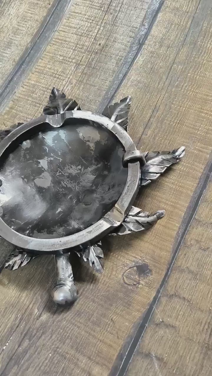 Forged Iron Ashtray: Handmade Metal Hemp Leaf Sculpture