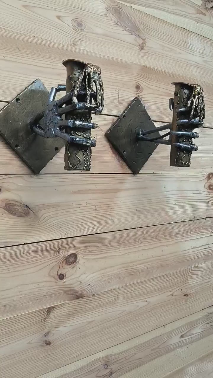Gothic Skeleton Arm Sconce Pair: Handmade Iron Wall Light Fixtures