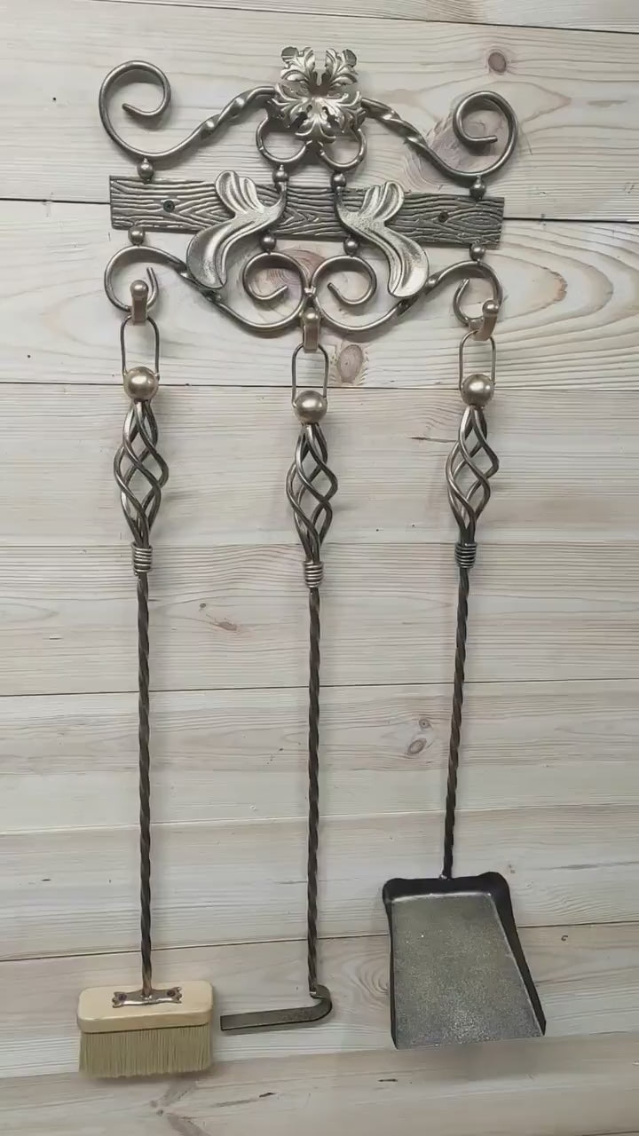 A set of forged fireplace tools 3 pieces and wall stand, Fireplace poker, Shovel, Broom, Hand Forged, Fireplace Gift