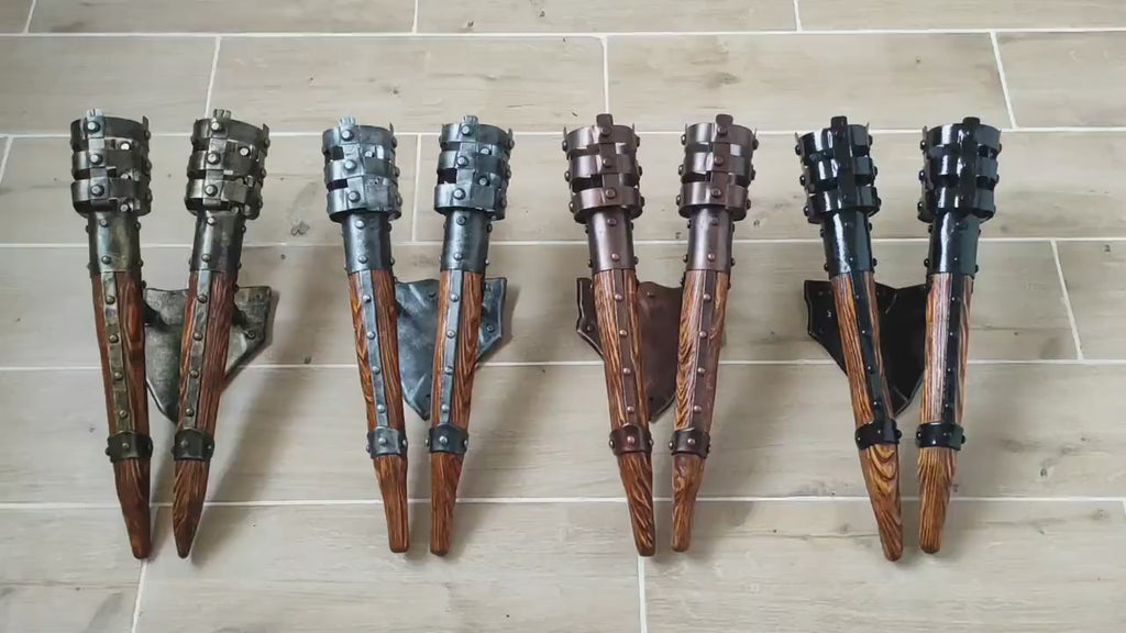 Hand Forged Iron & Wood Viking Double Torch Wall Sconce