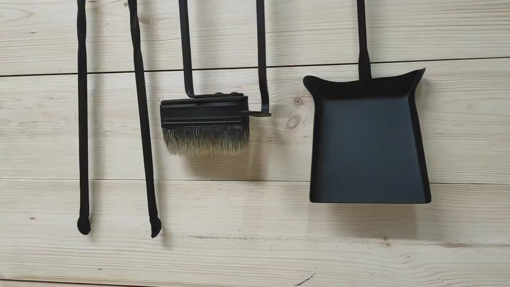 Hand Forged Fireplace Tools Set: Poker, Tongs, Shovel, Broom & Wall Rack
