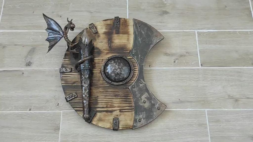 Sconces wall decor, dragon shield, castle light, metal wall lamp, dragon lamp, wooden candle holder, wooden fixtures