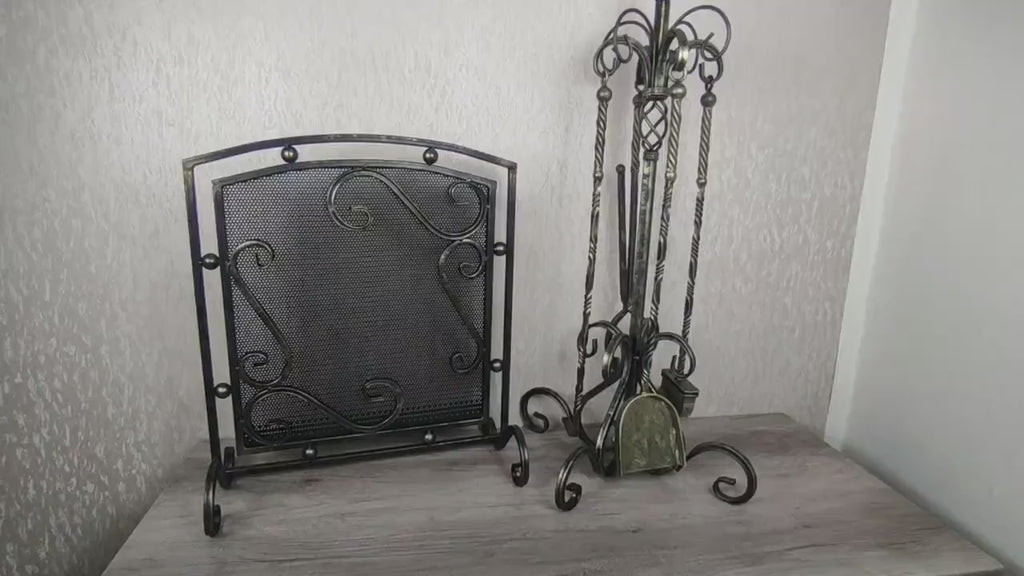 Set of forged fireplace tools and fireplace screen,fireplace poker, fireplace tongs, shovel, broom, hand forged, fireplace gift