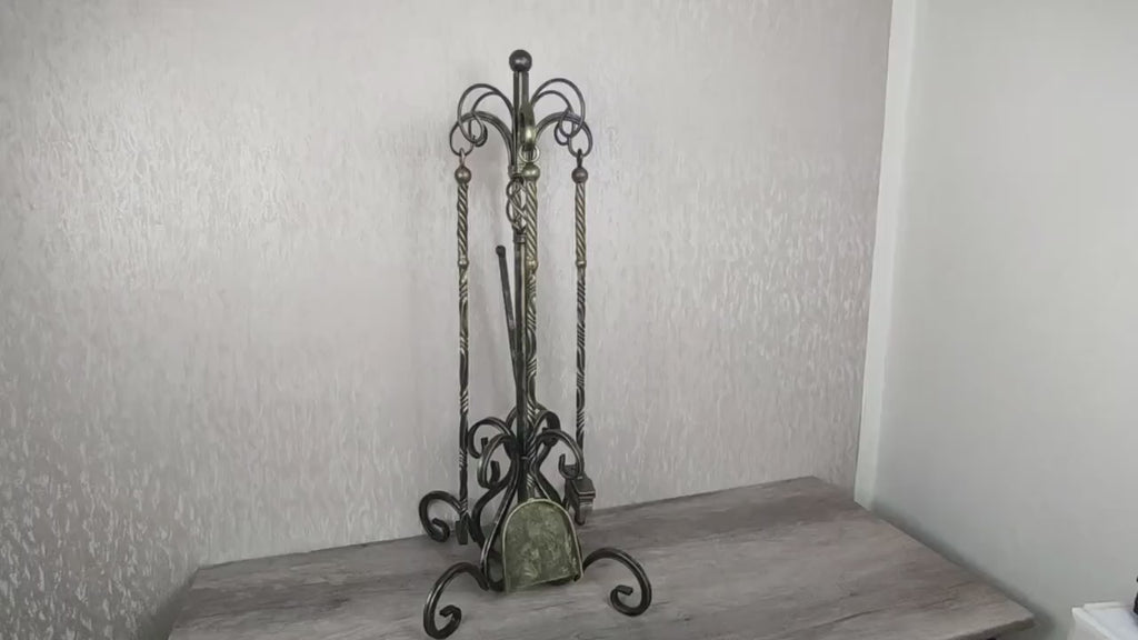 Hand Forged Fireplace Tools Set: Iron Fire Poker, Tongs, Shovel & Broom