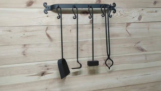 Forged fireplace tools set, 4 Pieces, Fireplace poker, Fireplace Tongs, Shovel, Broom, wall rack, Hand Forged, Fire Tool, Fireplace Gift