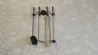 A set of forged fireplace tools 4 pieces and wall stand. Fireplace poker, Fireplace Tongs, Shovel, Broom, Hand Forged, Fireplace Gift,