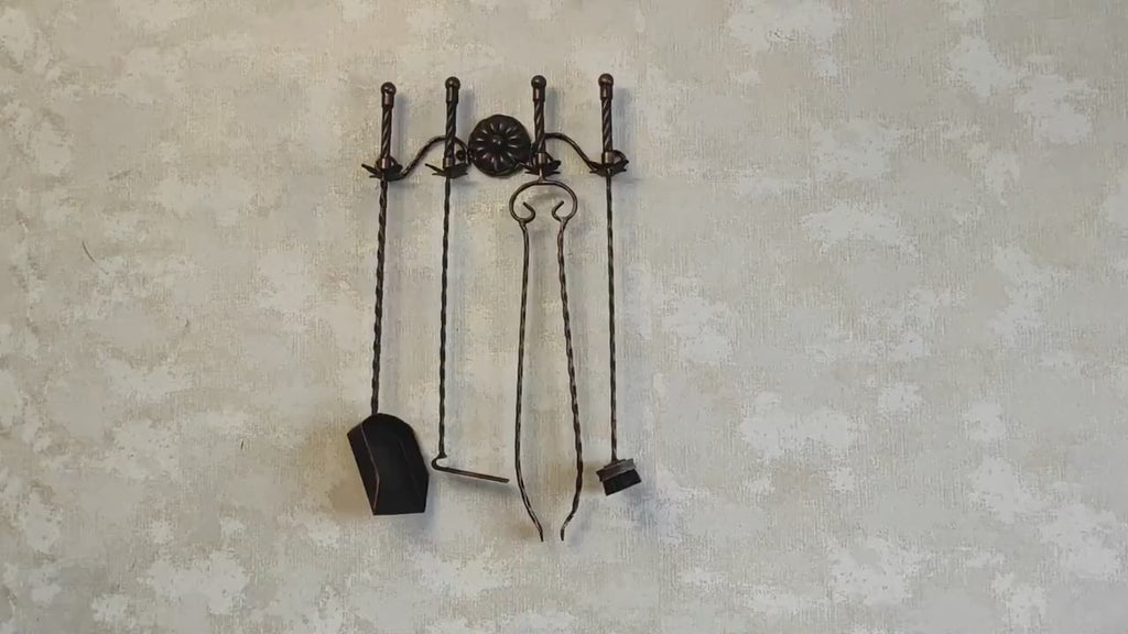 A set of forged fireplace tools 4 pieces and wall stand. Fireplace poker, Fireplace Tongs, Shovel, Broom, Hand Forged, Fireplace Gift,