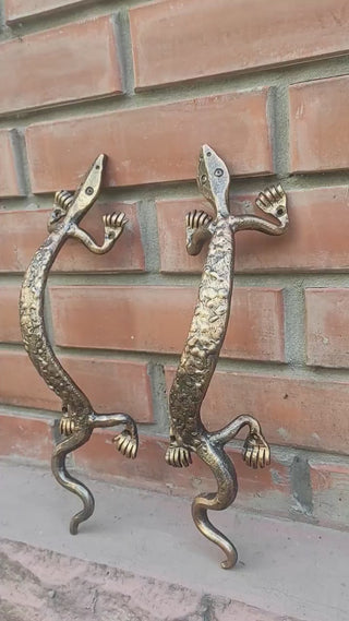 Hand Forged Lizard Door Handle Set: Rustic Barn Decor Pulls