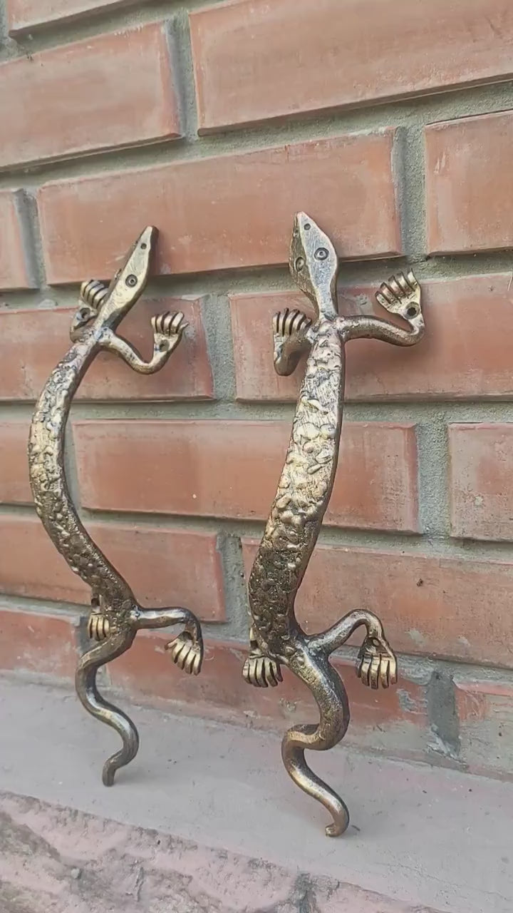 Hand Forged Lizard Door Handle Set: Rustic Barn Decor Pulls