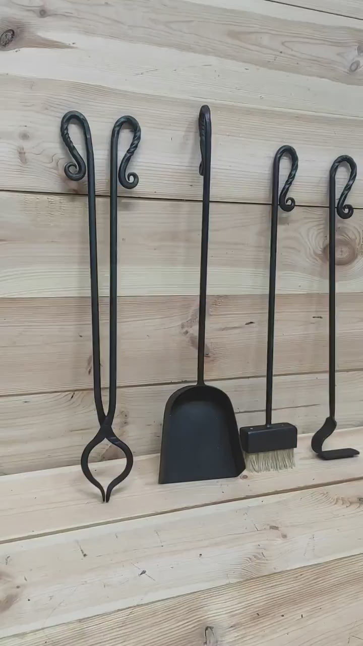 Forged fireplace tools set, 4 Pieces, Fireplace poker, Fireplace Tongs, Shovel, Broom, Hand Forged, Fire Tool, Fireplace Gift