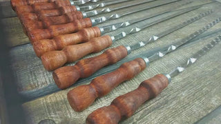 Hand Forged Stainless Steel Skewers with Wood Handle: Grilling Set of 10