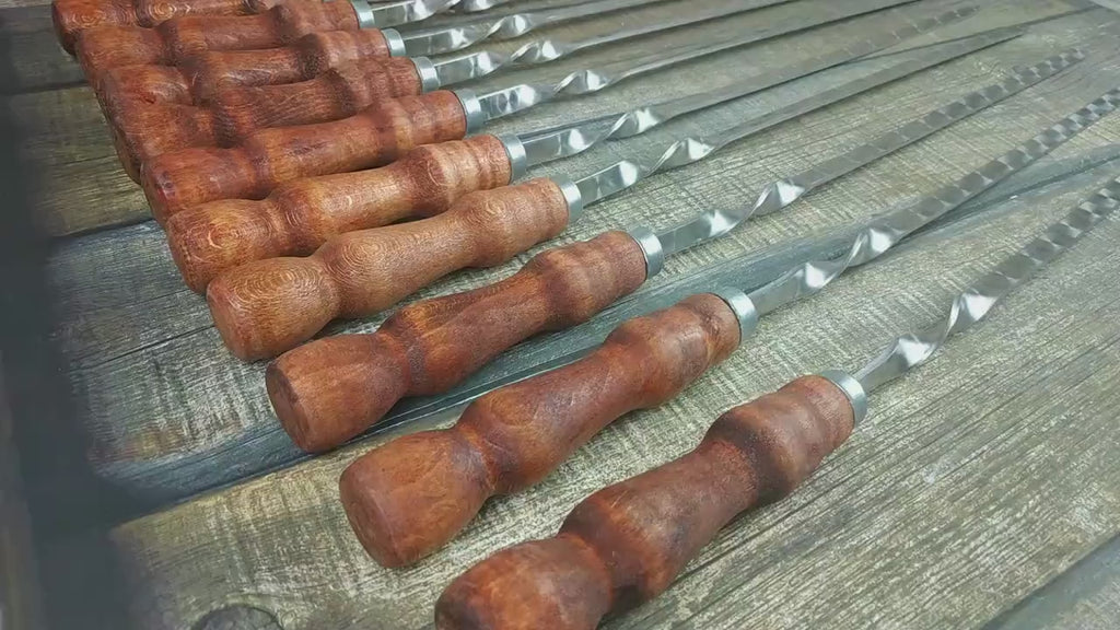 Hand Forged Stainless Steel Skewers with Wood Handle: Grilling Set of 10