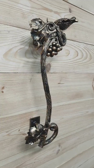 Hand Forged Wrought Iron Door Handle: Bird on Branch