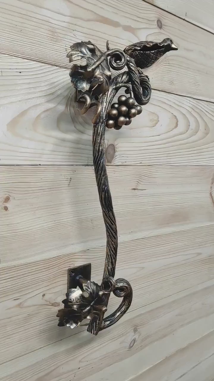 Hand Forged Wrought Iron Door Handle: Bird on Branch