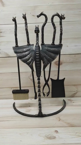 Hand Forged Dragon Fireplace Tool Set: 4 Piece Fire Poker, Tongs, Shovel & Broom