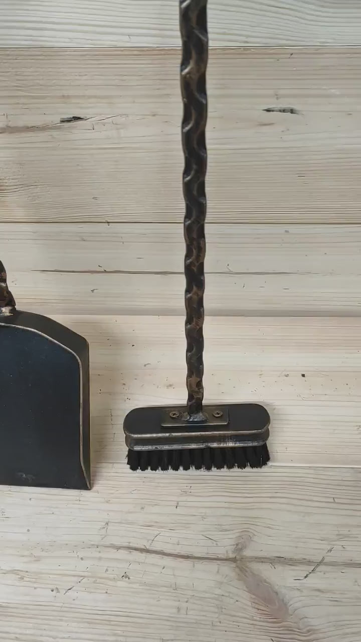 Forged Fireplace Tool Set: Handmade Dog Head Broom & Shovel