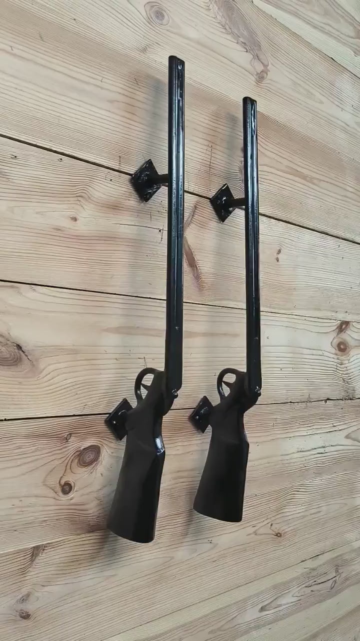 A pair of door handles, Shotgun, Rifle, Gun, The hunter's door handles, Barn door handle,  Front door handle, Metal handle, Door decor