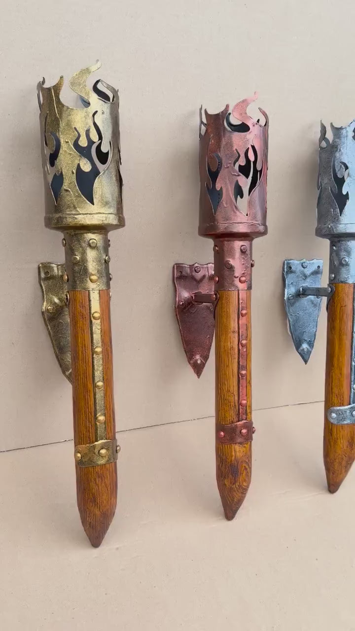 Medieval Wall Torch Sconce, Rustic Iron & Wood Flame Lantern, Gothic Wall Light, Viking Wall Decor, 3 Color Options