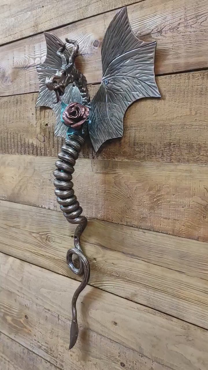 Dragon door handle, door handle, metal handle, hand forged handle, barn door handle, door decor, wrought hardware, metal forged handle