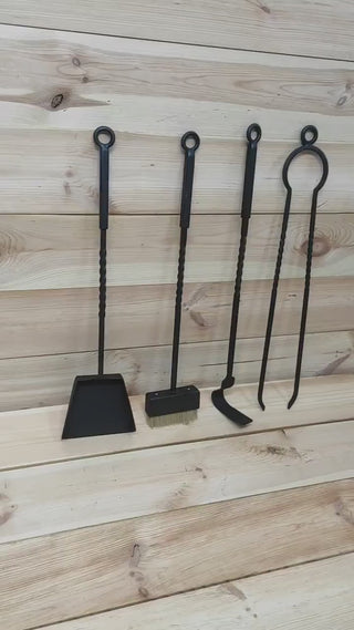 Forged fireplace tools set, 4 Pieces, Fireplace poker, Fireplace Tongs, Shovel, Broom, Hand Forged, Fire Tool, Fireplace Gift