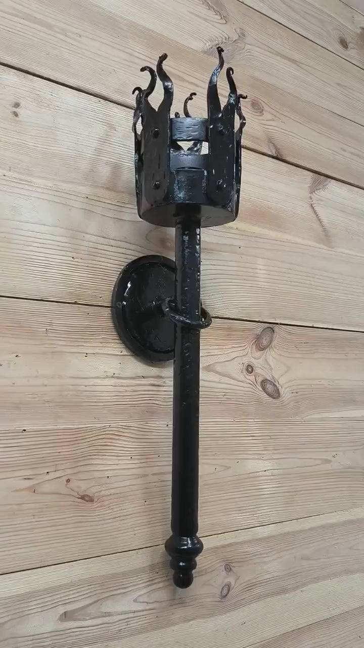 Hand Forged Viking Torch Light: Black Metal Wall Sconce