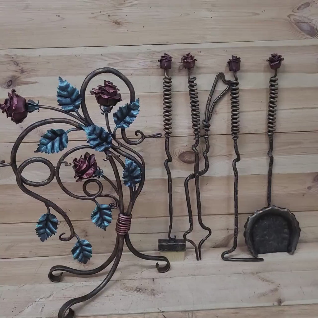Wrought Iron Fireplace Tool Set with Forged Roses – Handmade Romantic Hearth Decor
